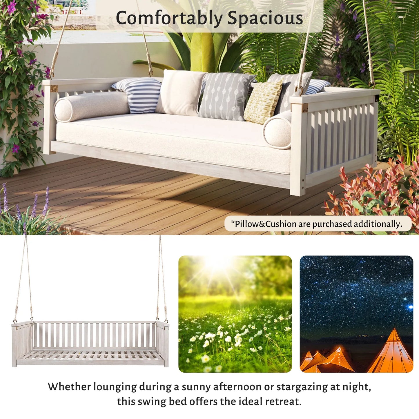 Acacia Wood Twin-Size Porch Swing Bed – White – view 3