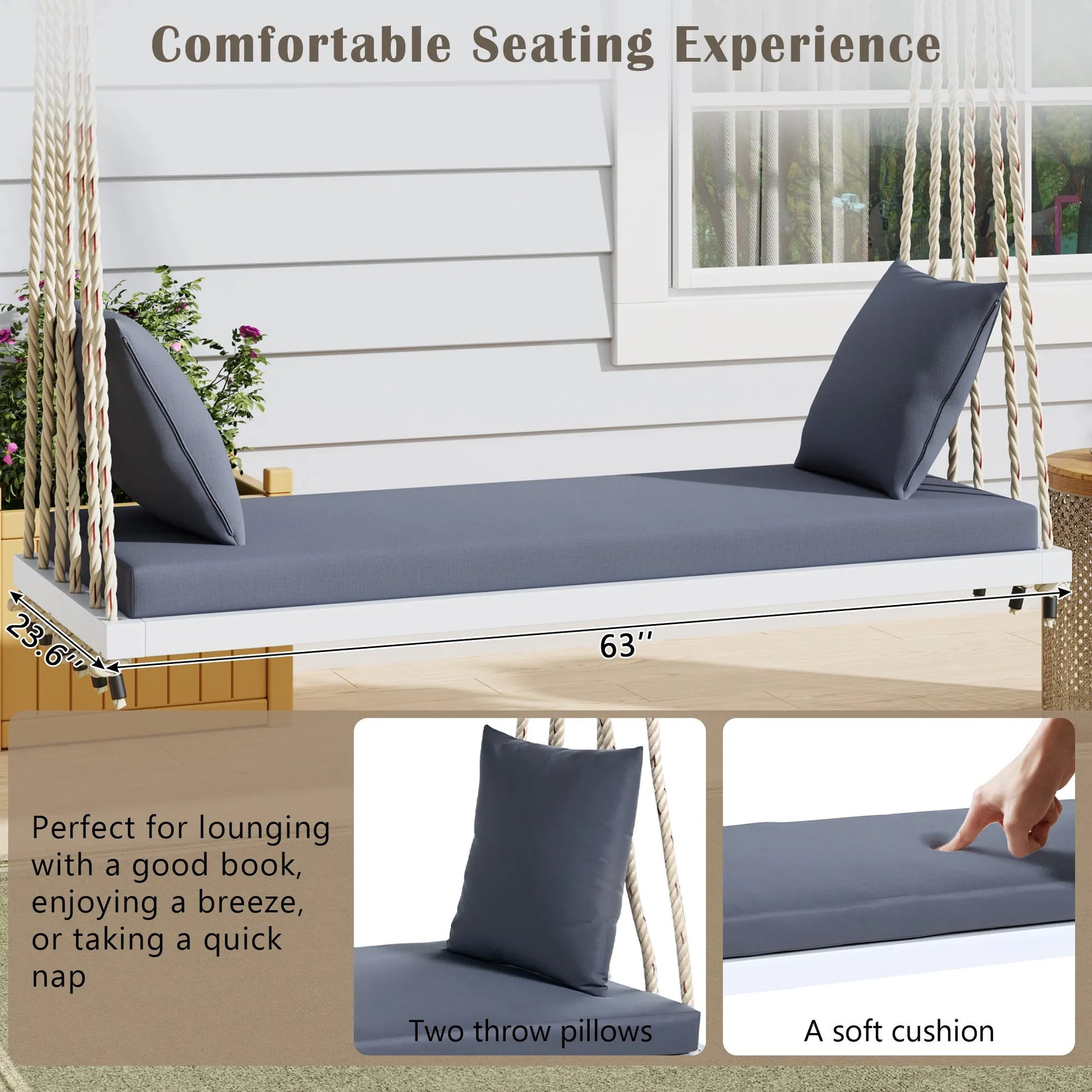 Acacia Wood Porch Swing Bench with Cushions – White – view 4