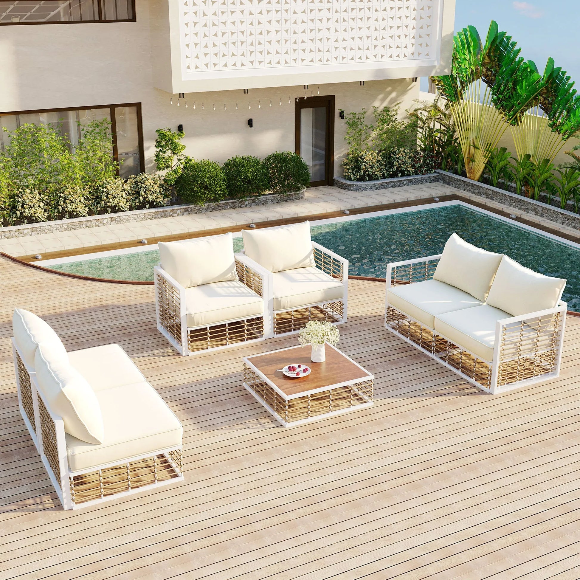 7-Piece Outdoor Metal Sectional Sofa Set with Coffee Table – White – view 4