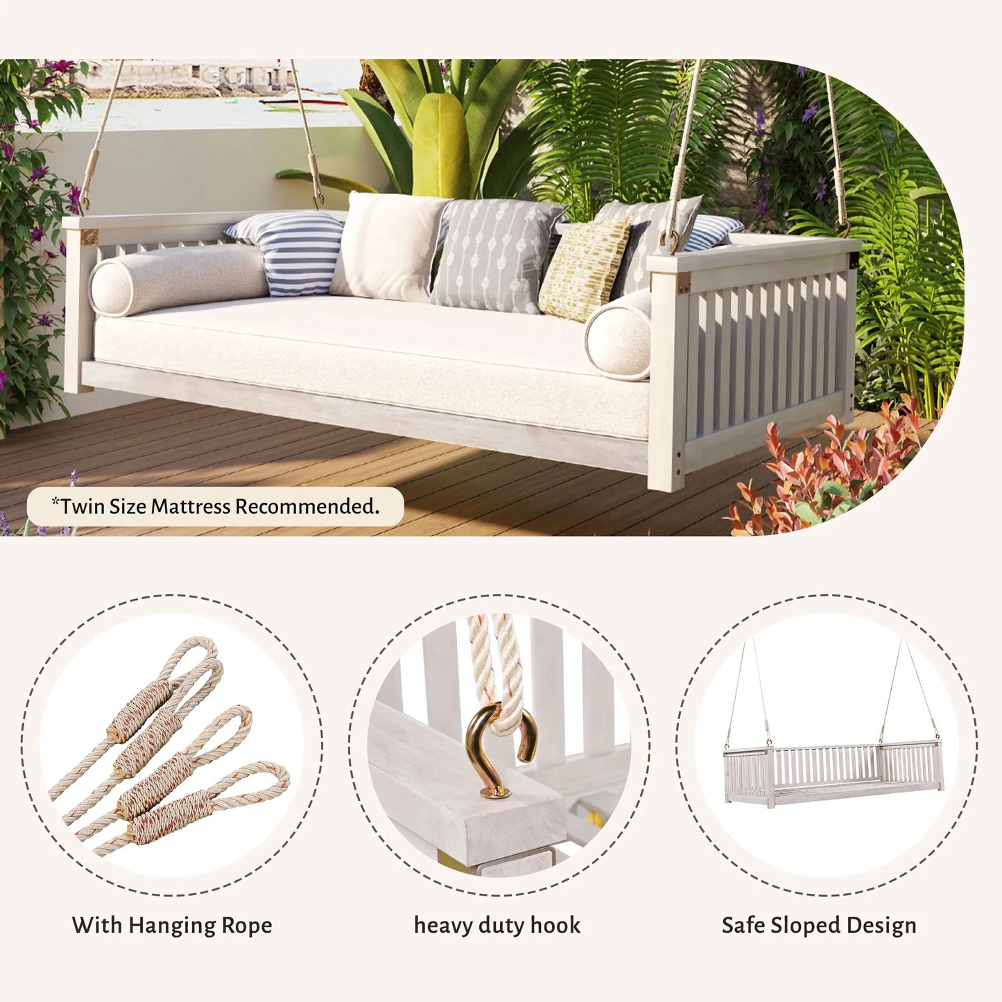Acacia Wood Twin-Size Porch Swing Bed – White – view 4