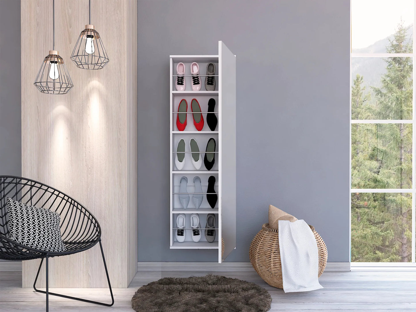 Wall-Mounted Shoe Cabinet with Full-Length Mirror – White – view 5