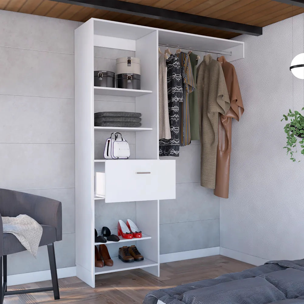 59.1-Inch Open Closet System with Shelves, Drawer and Hanging Rod – White – view 5