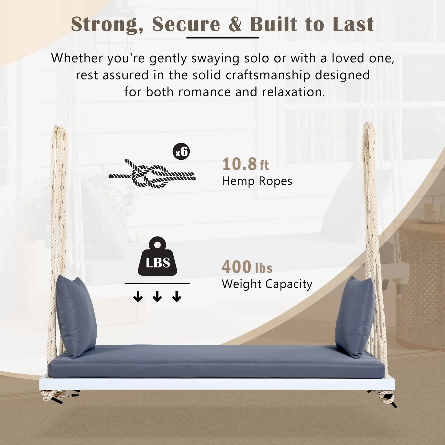 Acacia Wood Porch Swing Bench with Cushions – White – view 5