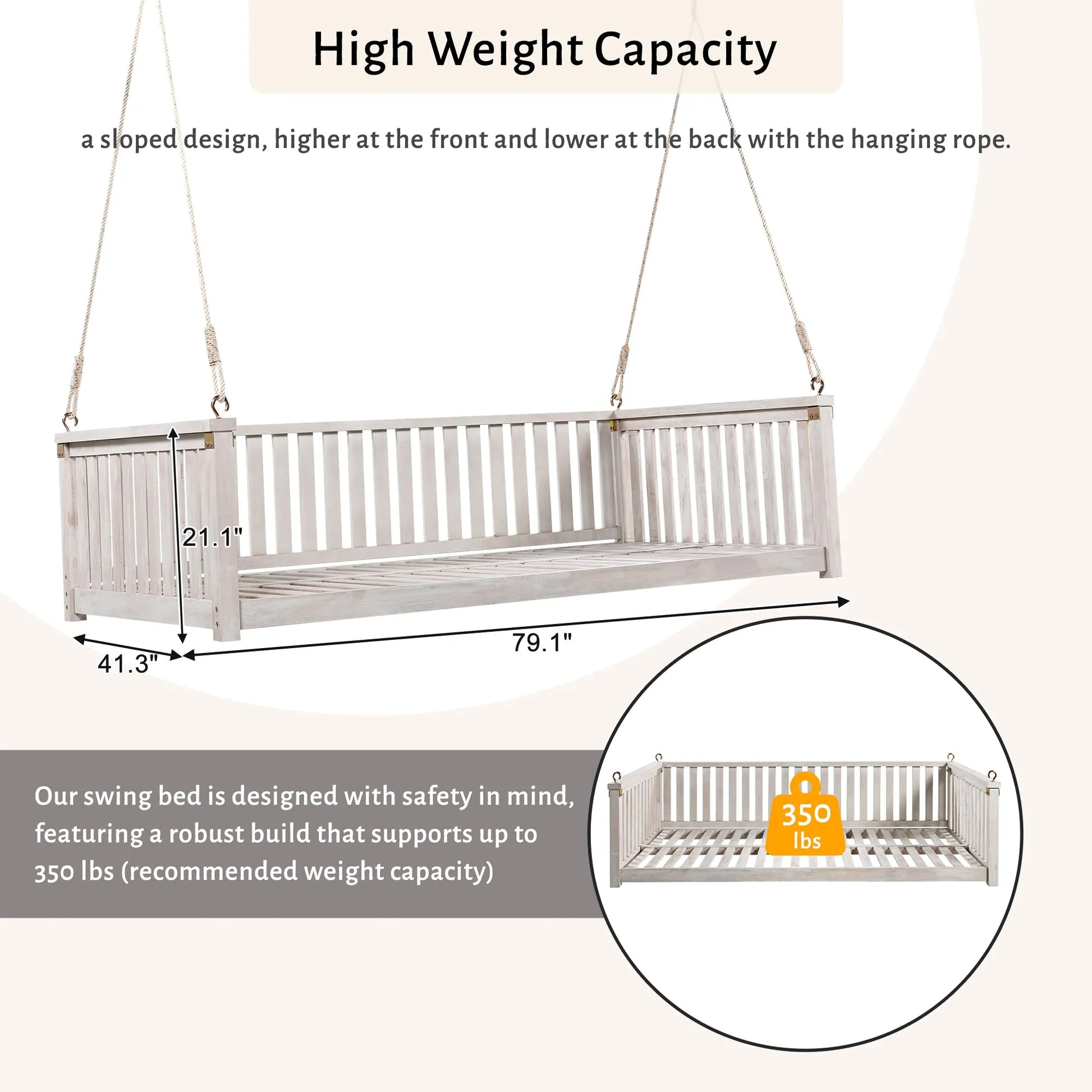 Acacia Wood Twin-Size Porch Swing Bed – White – view 5