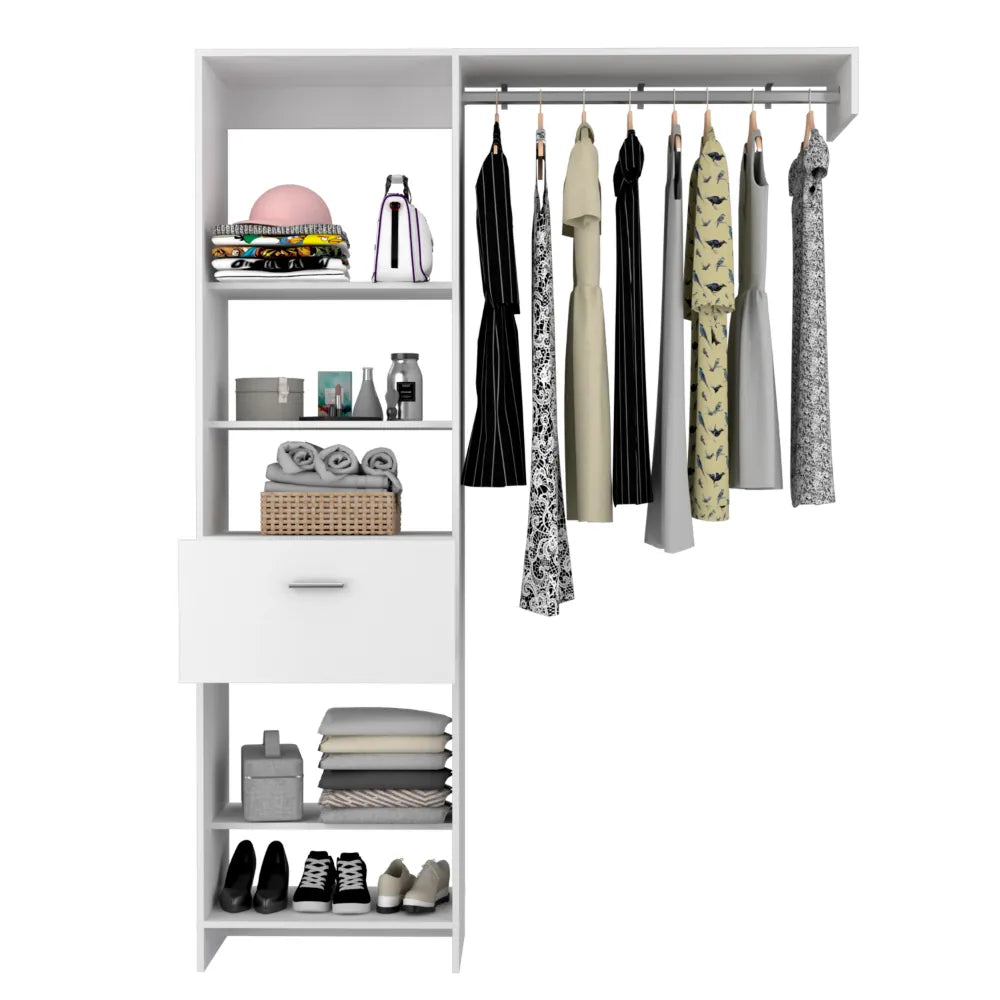 59.1-Inch Open Closet System with Shelves, Drawer and Hanging Rod – White – view 6