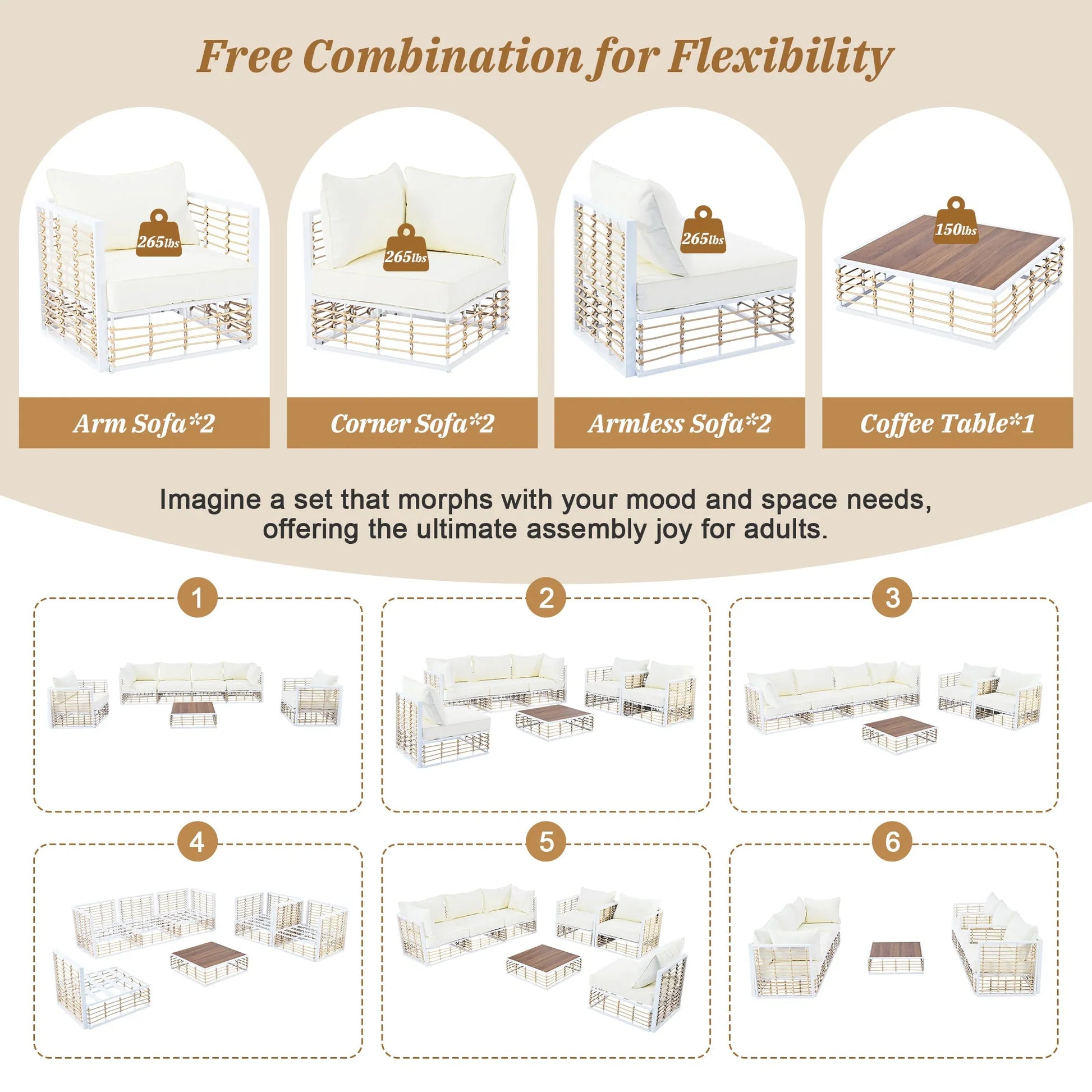 7-Piece Outdoor Metal Sectional Sofa Set with Coffee Table – White – view 6