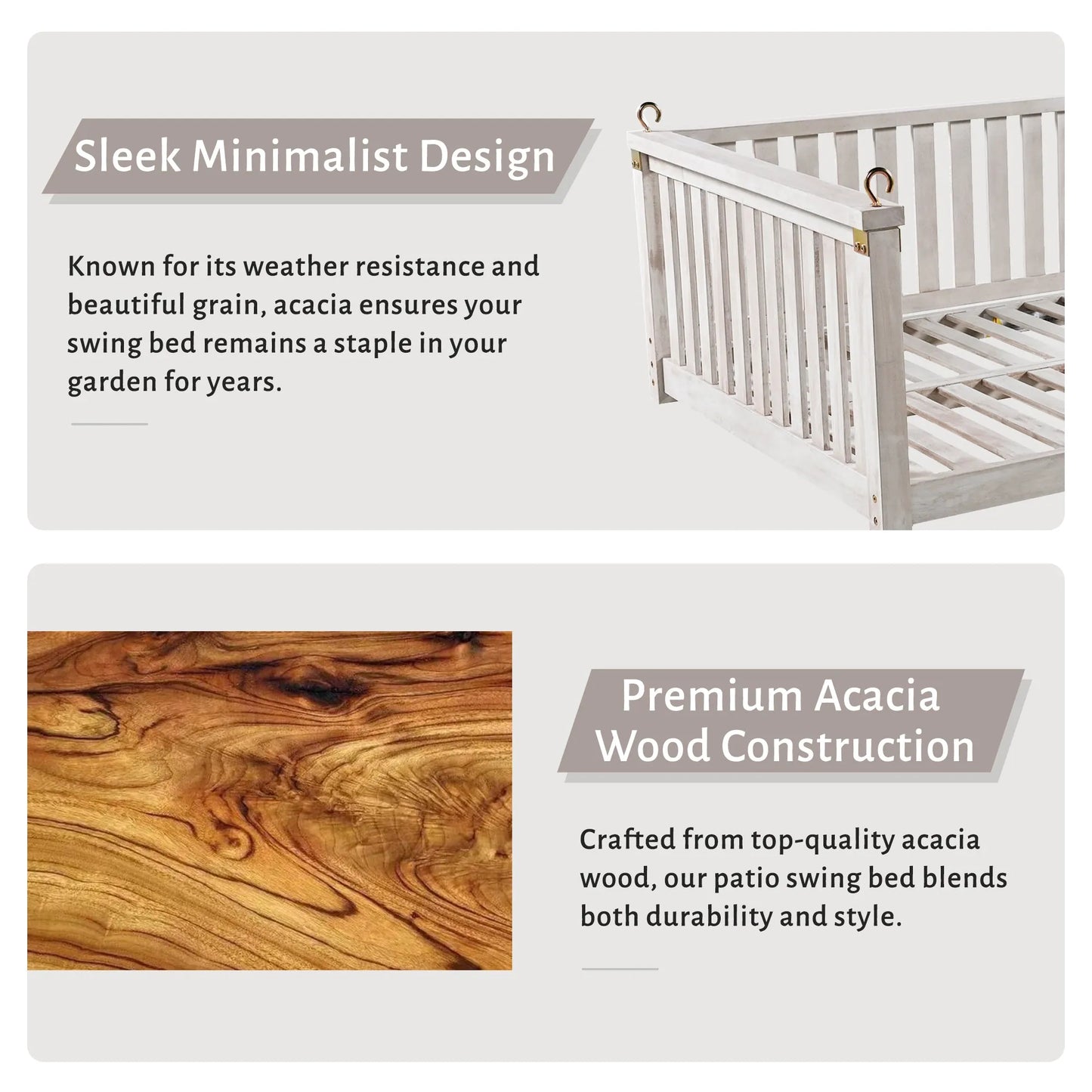 Acacia Wood Twin-Size Porch Swing Bed – White – view 6