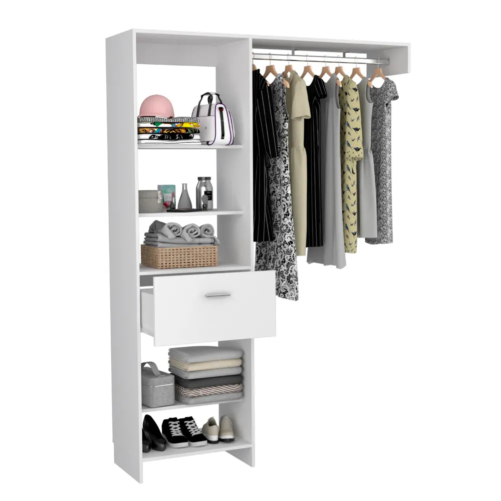 59.1-Inch Open Closet System with Shelves, Drawer and Hanging Rod – White – view 8
