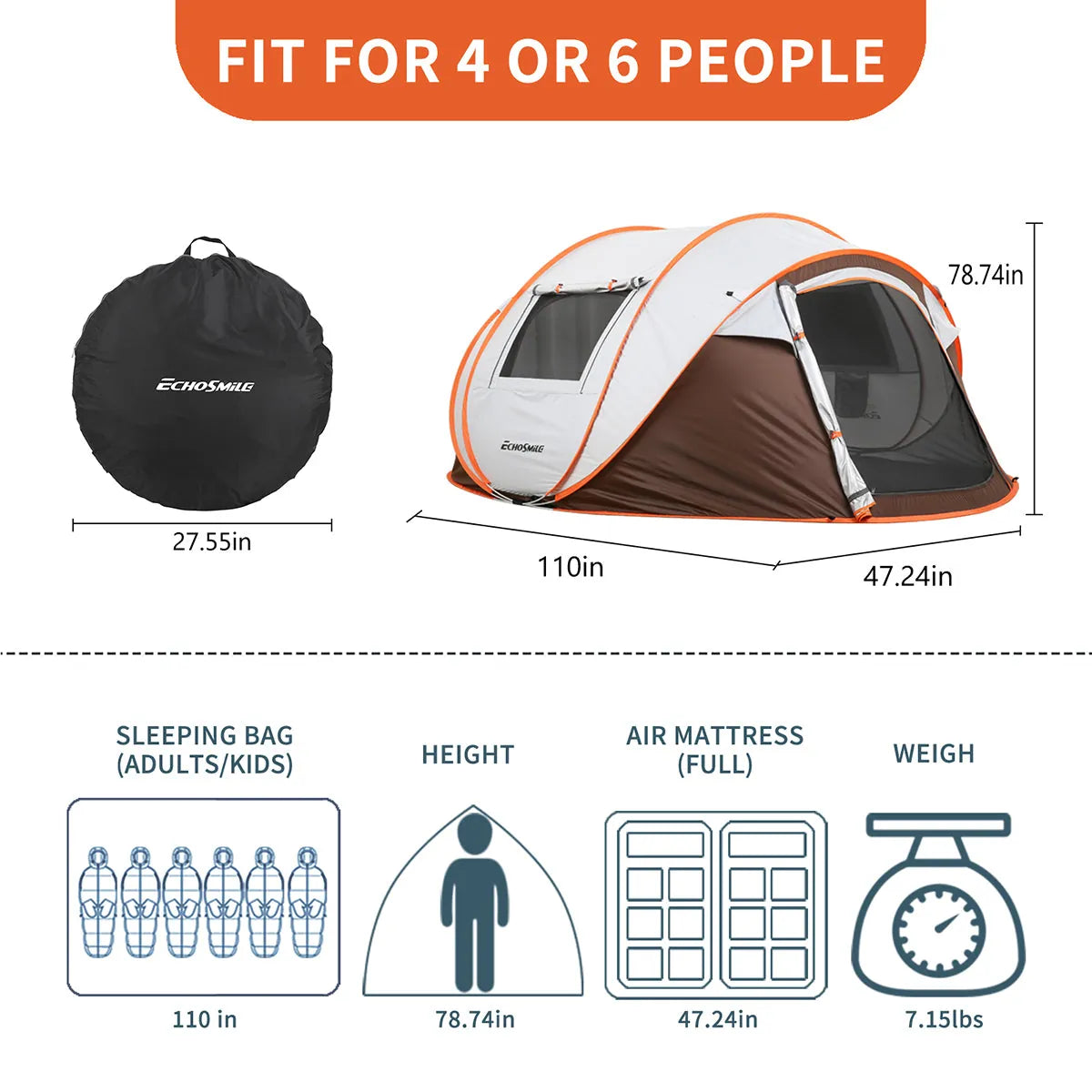 4–6 Person Pop-Up Camping Tent – White / Brown – view 5