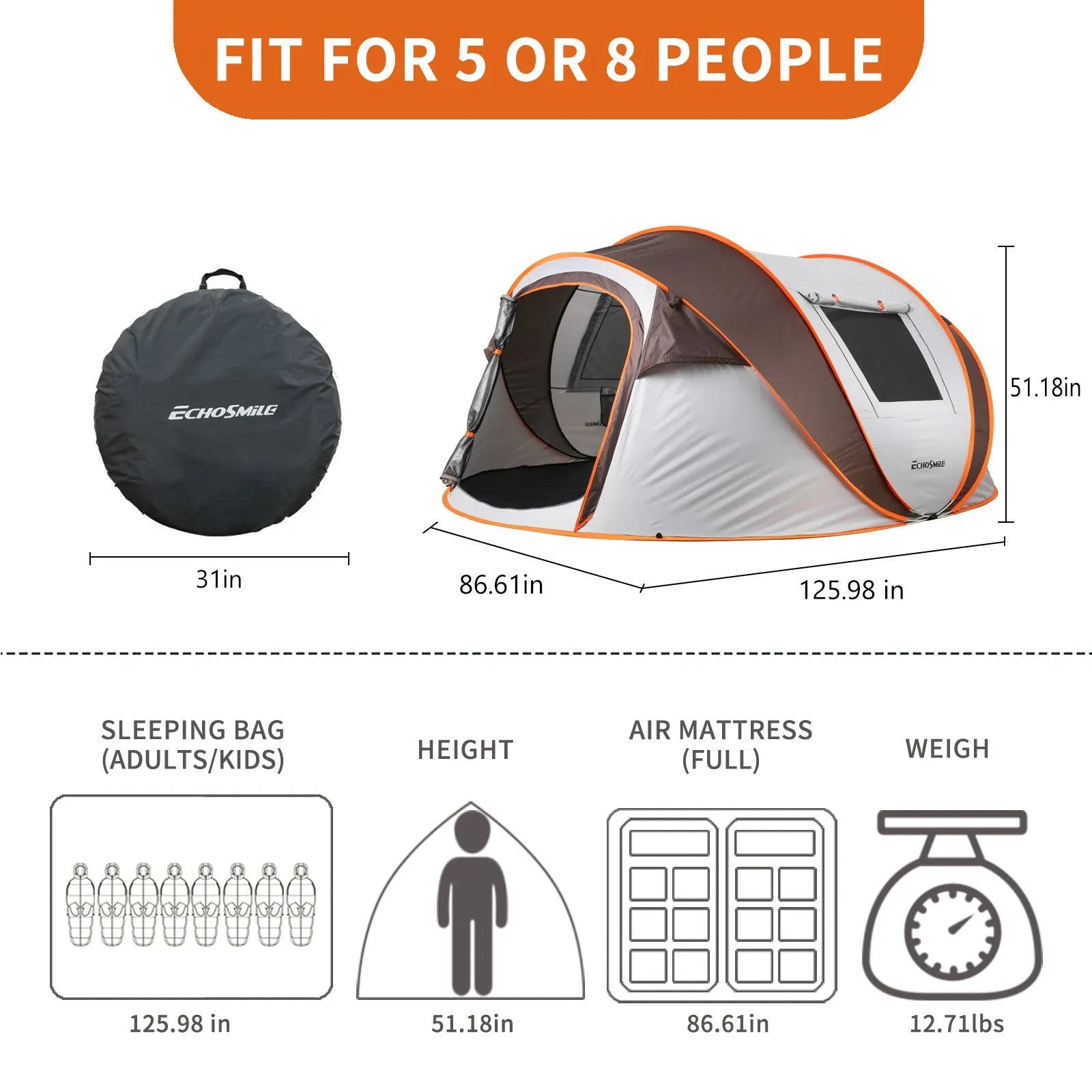 4–6 Person Pop-Up Camping Tent – White / Light Orange – view 4