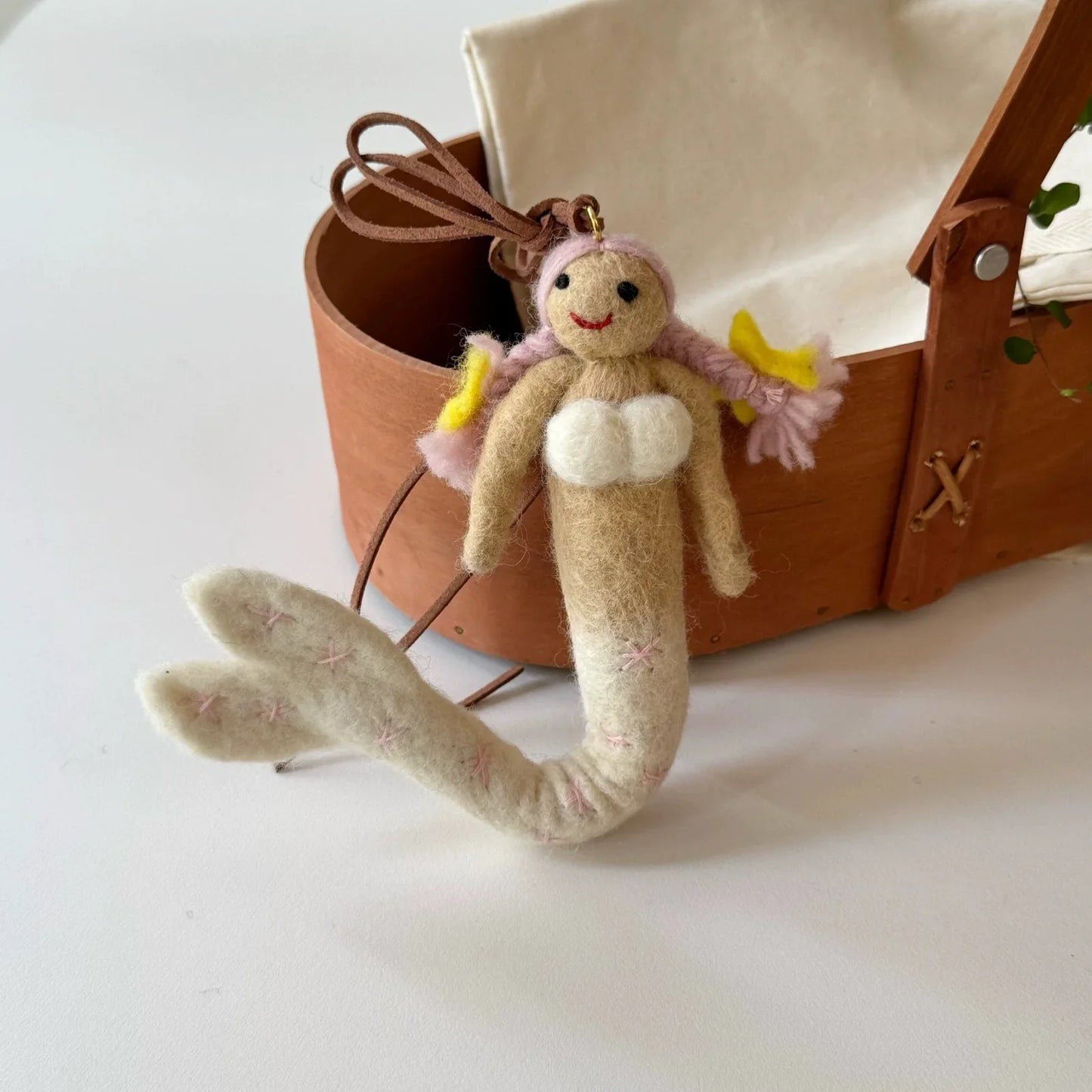 White tail wool felt mermaid charm with cord loop