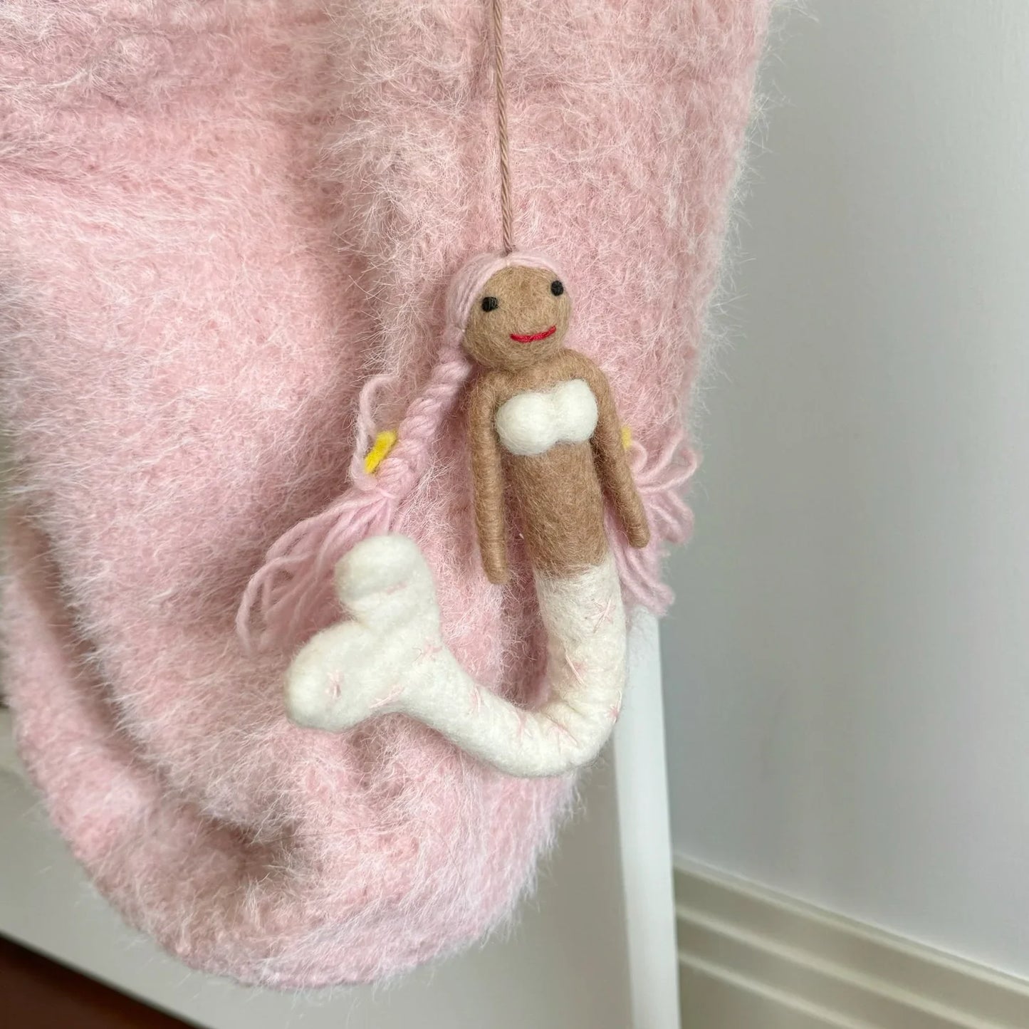 White tail wool felt mermaid charm with cord and keyring
