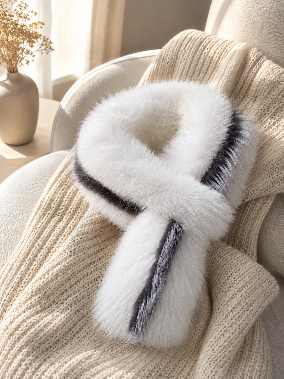 White scarf with Silver Fox trim, neutral flat lay