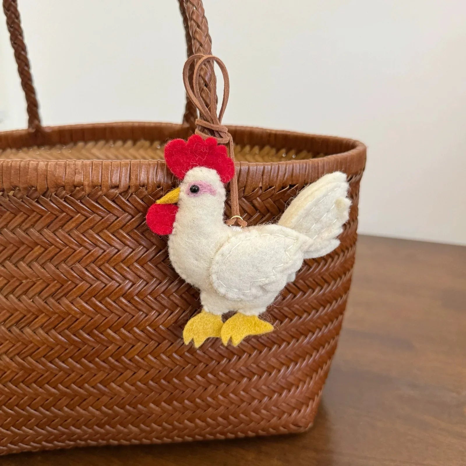 White wool felt hen bag charm with red comb and cord loop
