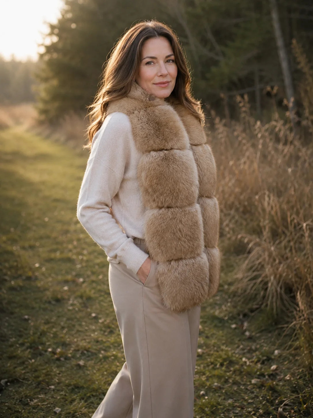 Woman wearing a golden brown blue fox fur scarf in the countryside