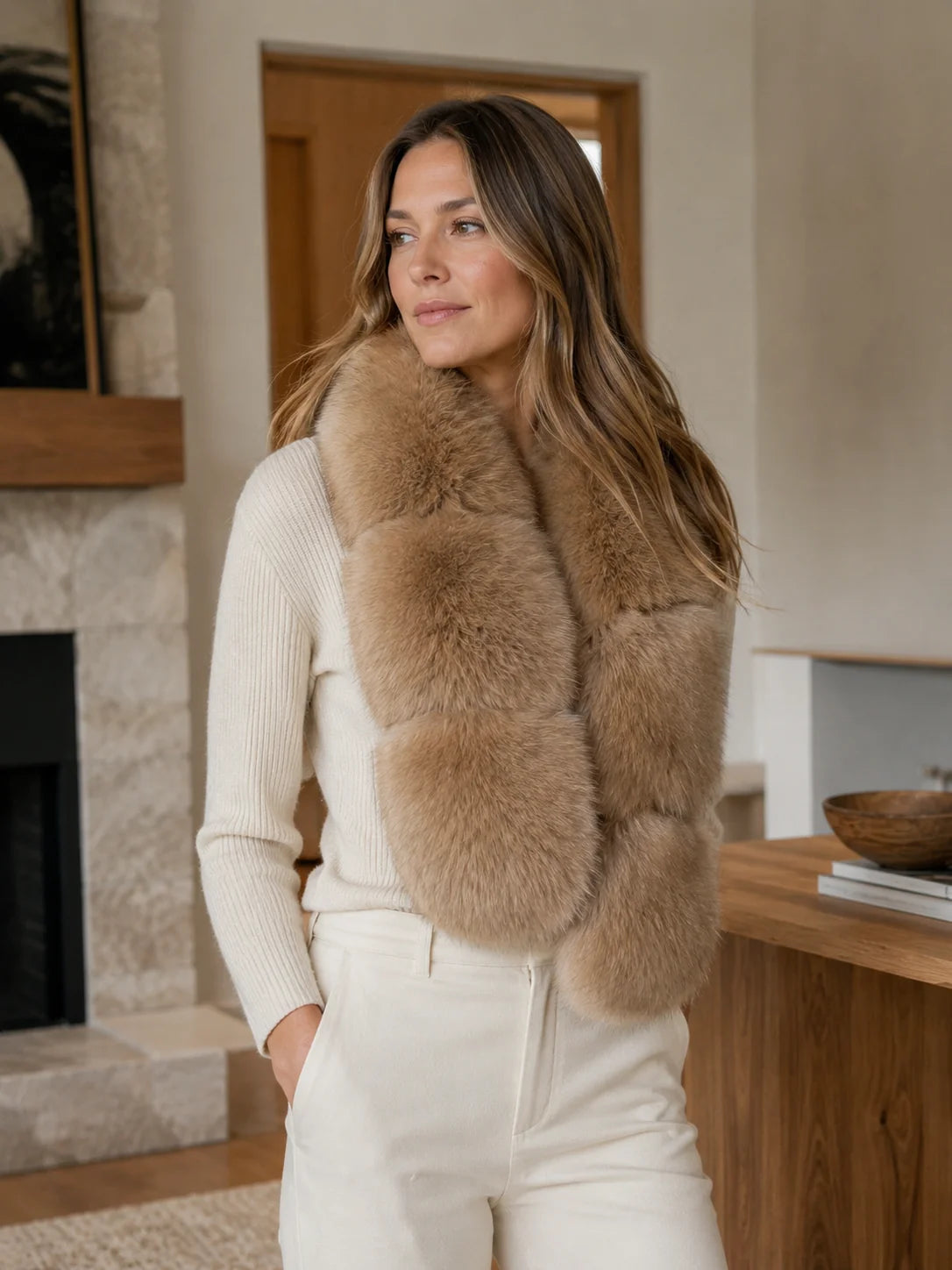 Woman wearing a golden brown blue fox fur scarf beside a fireplace