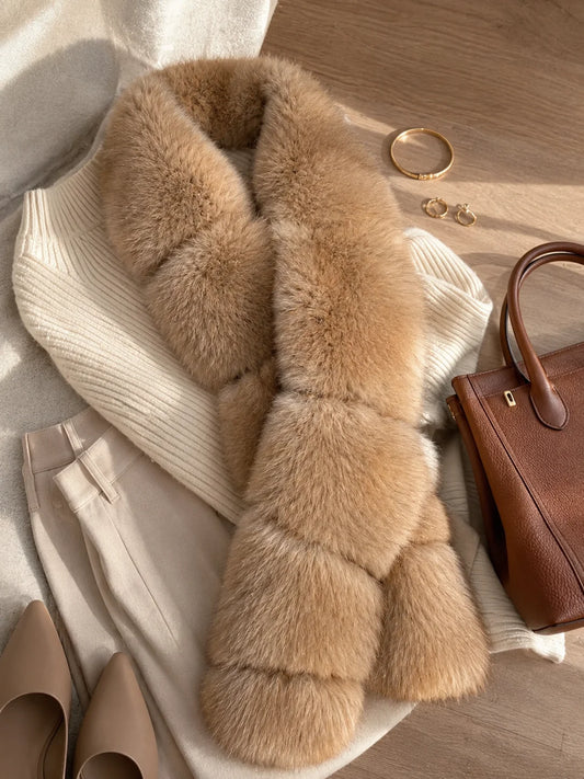 Golden brown blue fox fur scarf styled with a neutral winter outfit