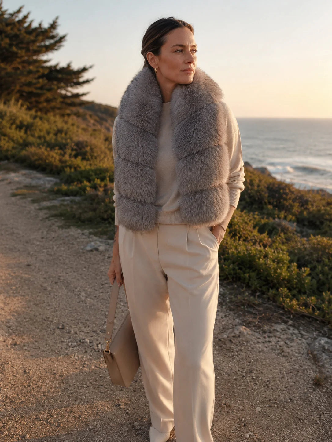 Woman wearing a gray taupe blue fox fur scarf on a coastal path