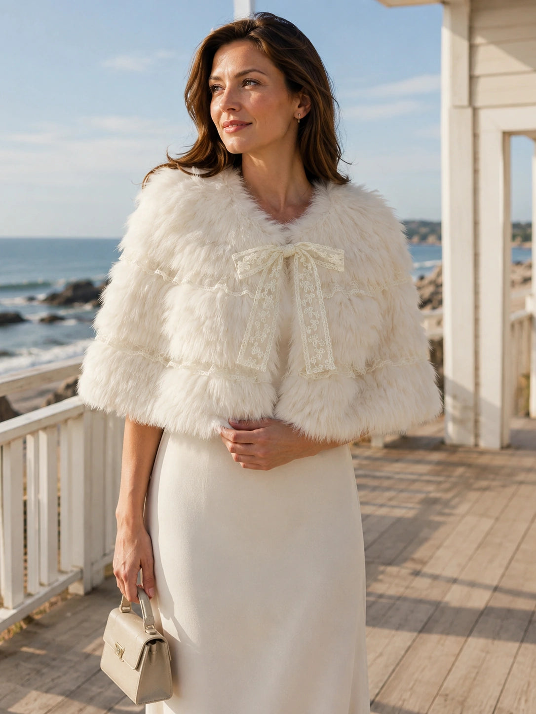 Woman wearing an ivory-white genuine fox fur lace capelet by the coast