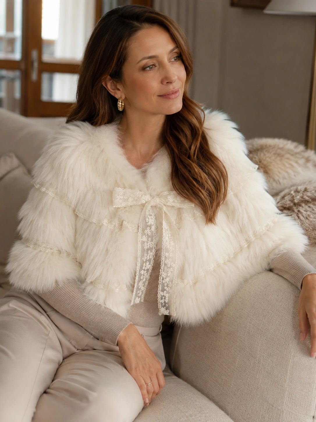 Seated view of the ivory-white fox fur capelet and floral lace tie