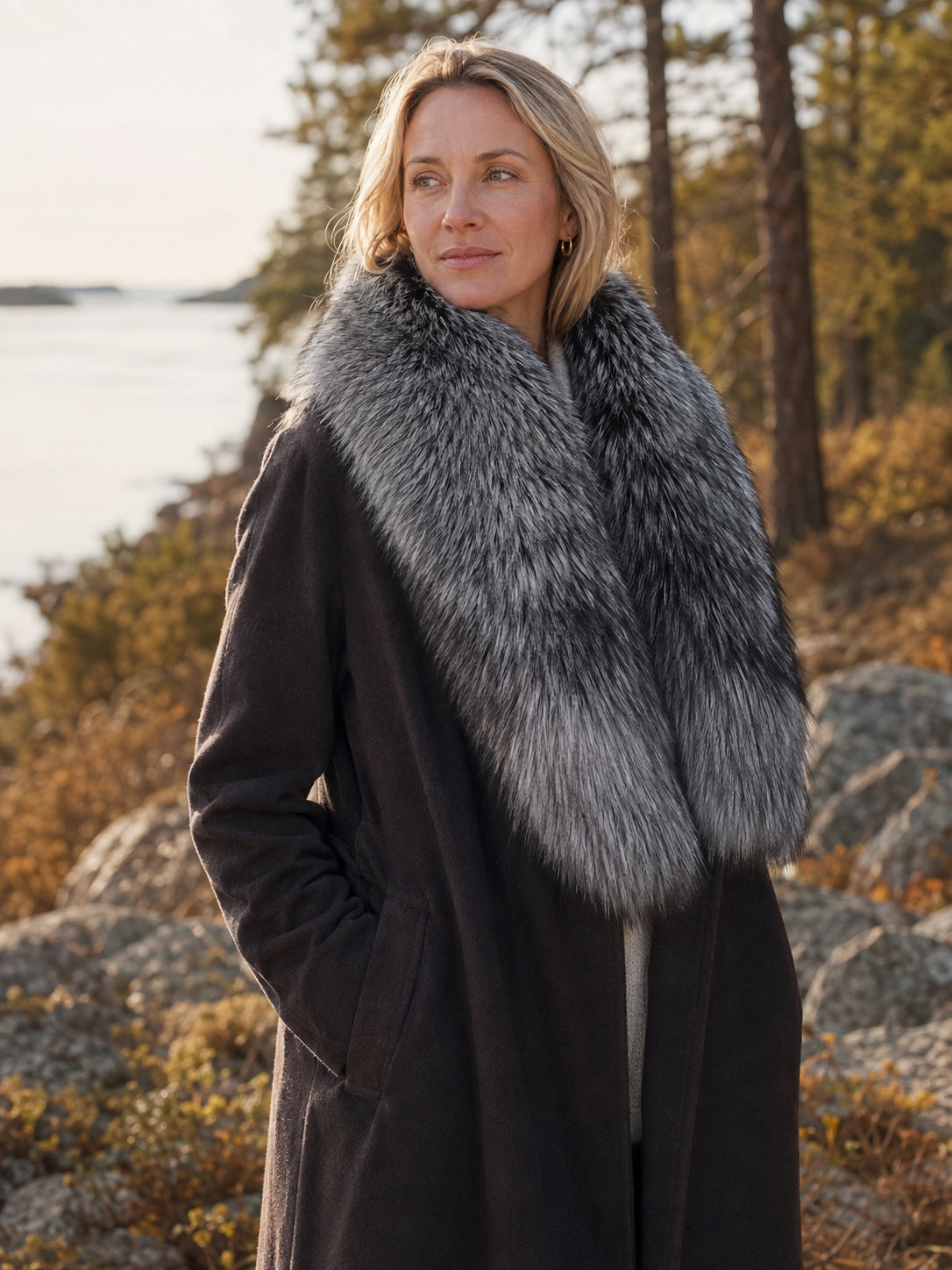 Woman wearing a natural Finnish silver fox fur scarf by the water