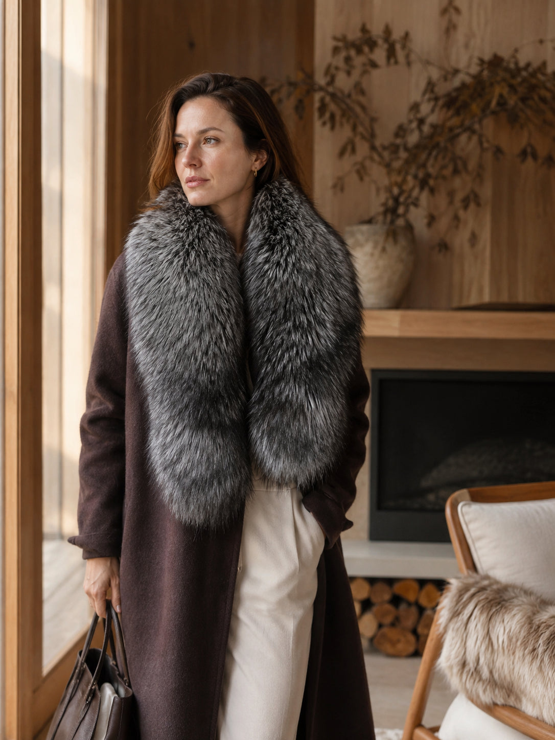 Woman wearing a natural Finnish silver fox fur scarf beside a fireplace