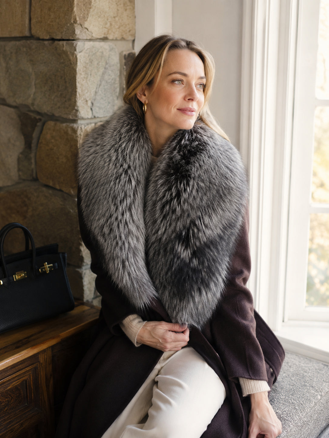 Woman wearing a natural Finnish silver fox fur scarf beside a stone window