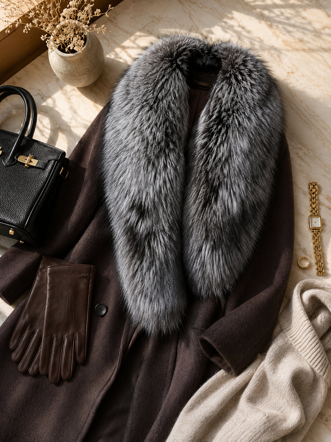 Natural Finnish silver fox fur scarf styled with a winter outfit