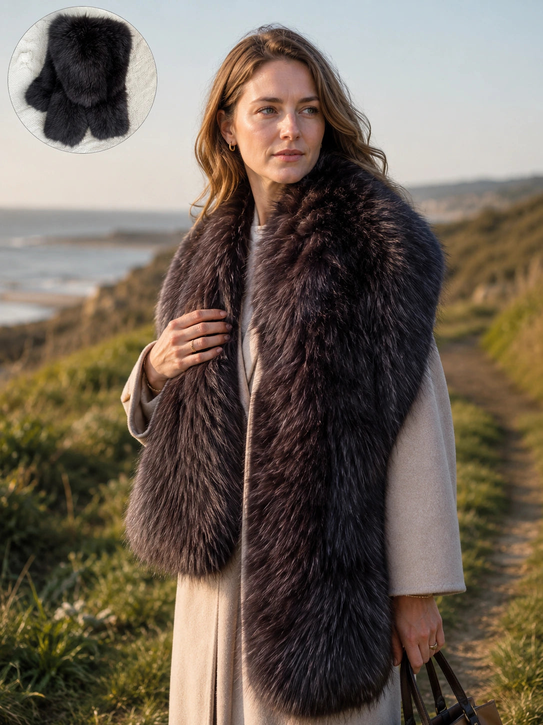Woman wearing a Dark Chocolate Brown fox fur shawl near the coast