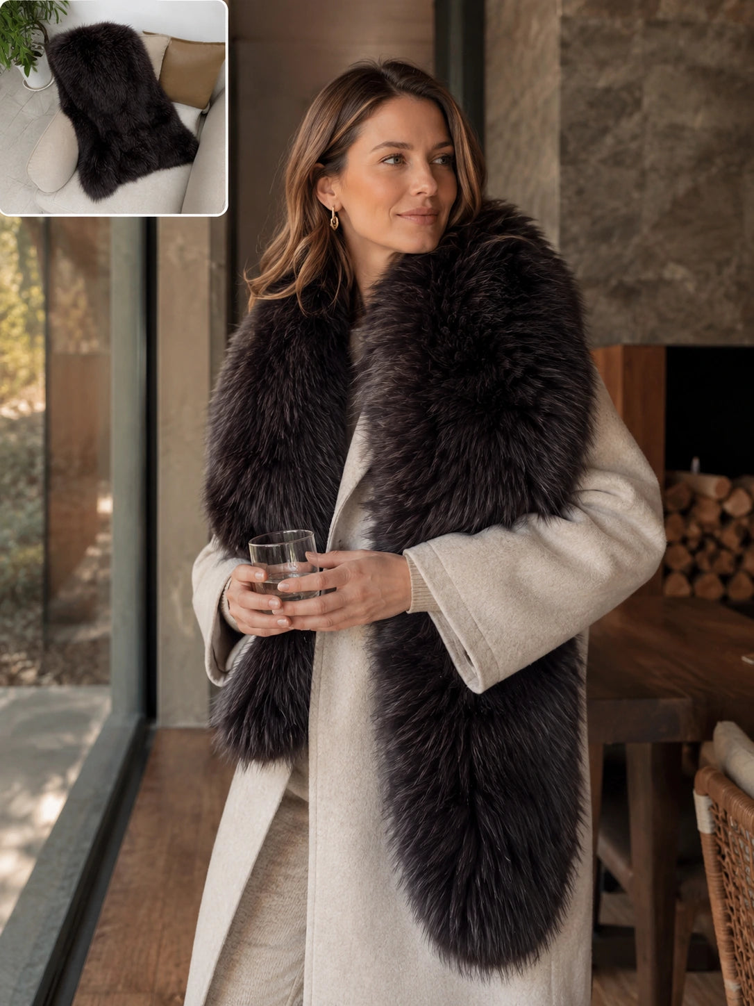 Woman wearing a Dark Chocolate Brown fox fur shawl beside a fireplace