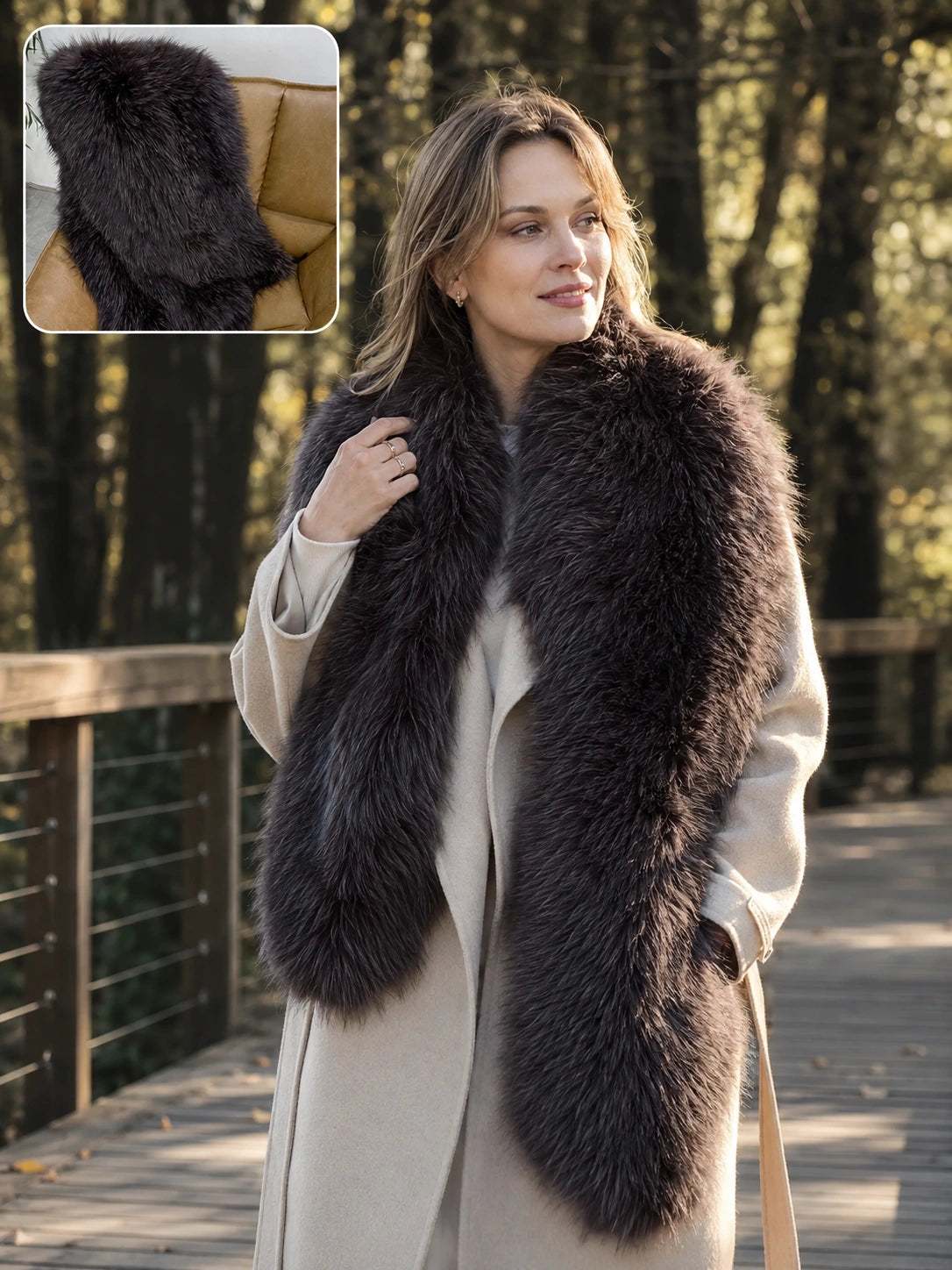 Woman wearing a Dark Chocolate Brown fox fur shawl in a forest