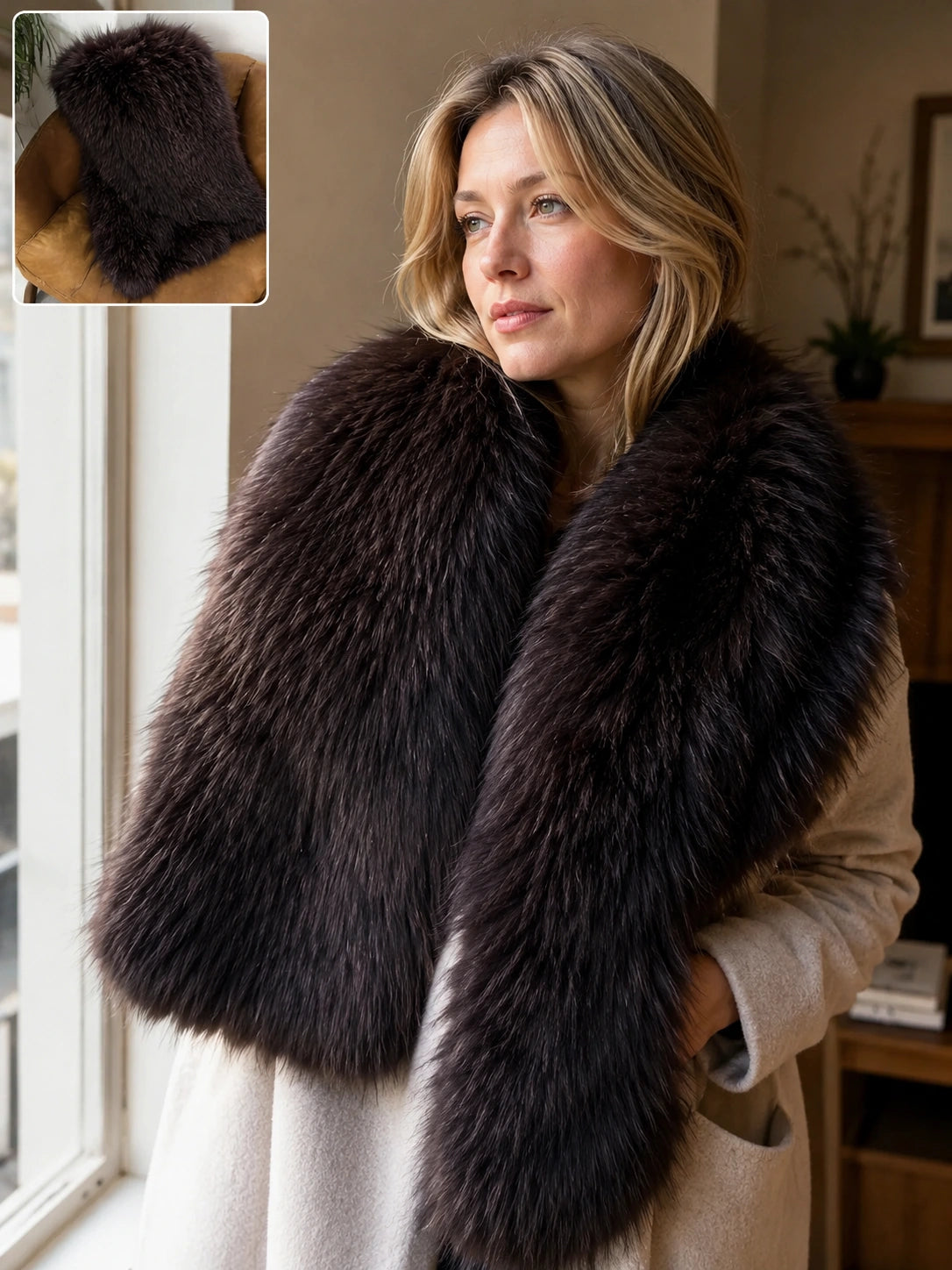 Close portrait of a woman in a Dark Chocolate Brown fox fur shawl