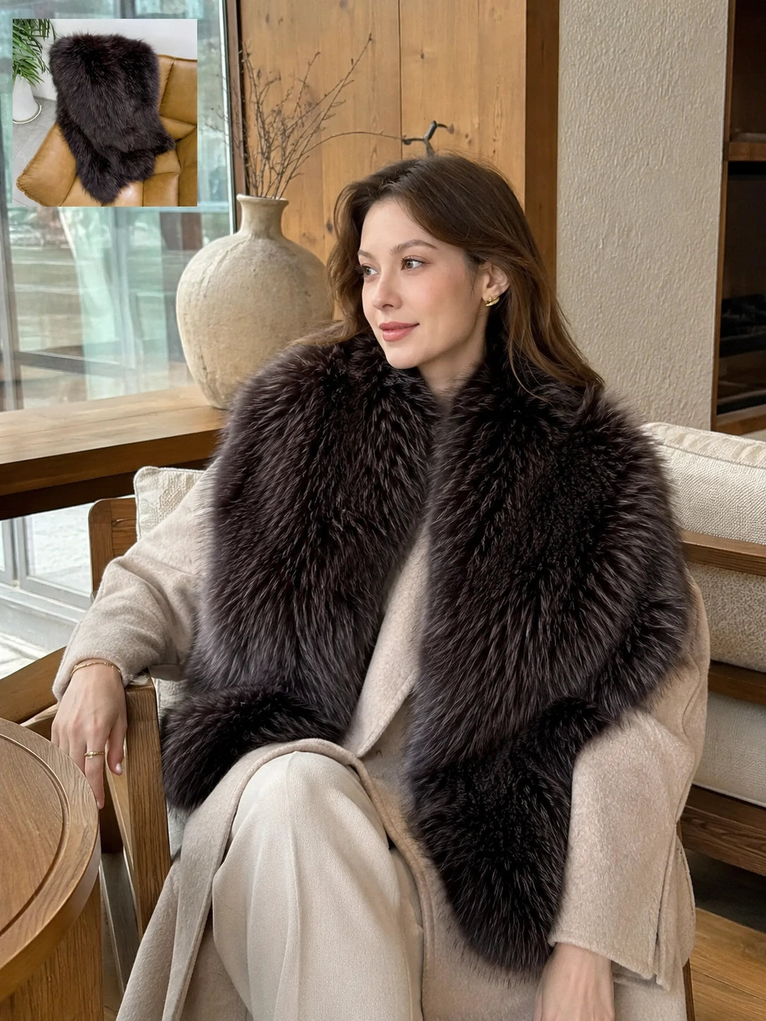 Woman styling a Dark Chocolate Brown fox fur shawl in a lounge