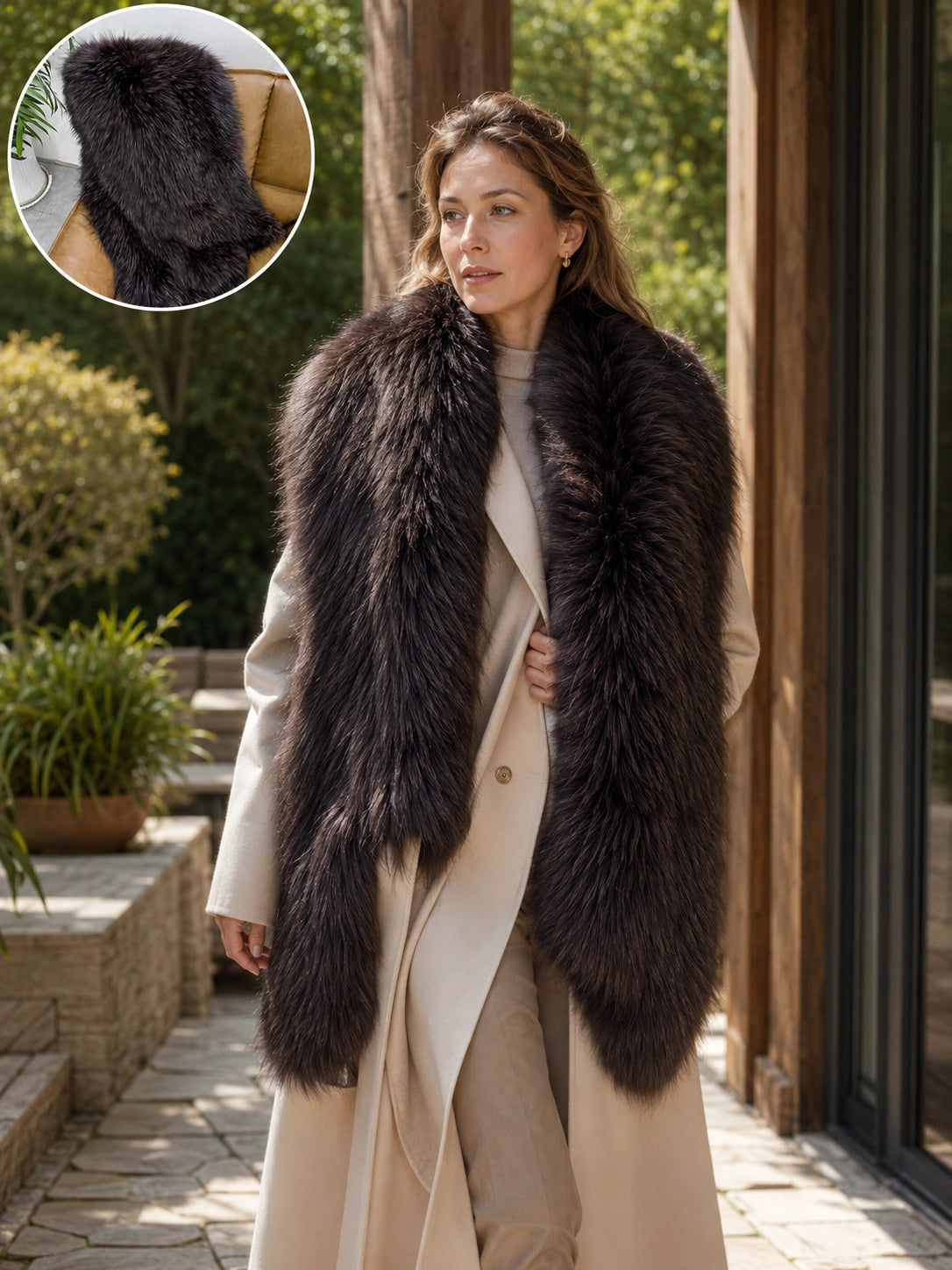 Woman wearing a Dark Chocolate Brown fox fur shawl on a terrace