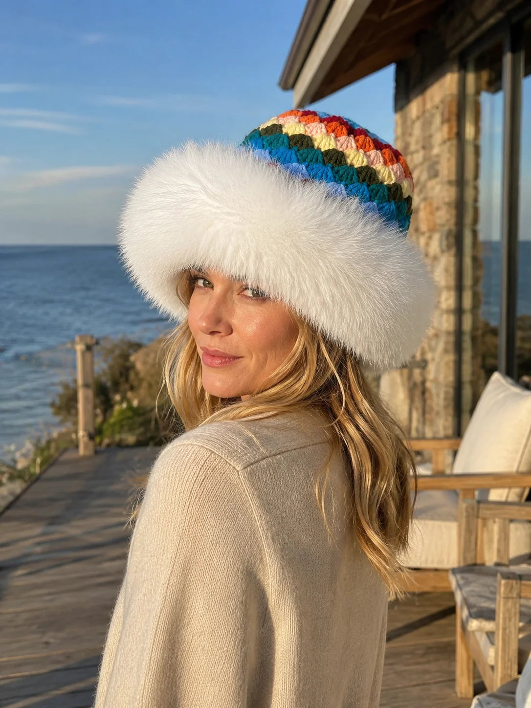 Woman wearing a white fox-fur-trim crochet bucket hat on a coastal terrace