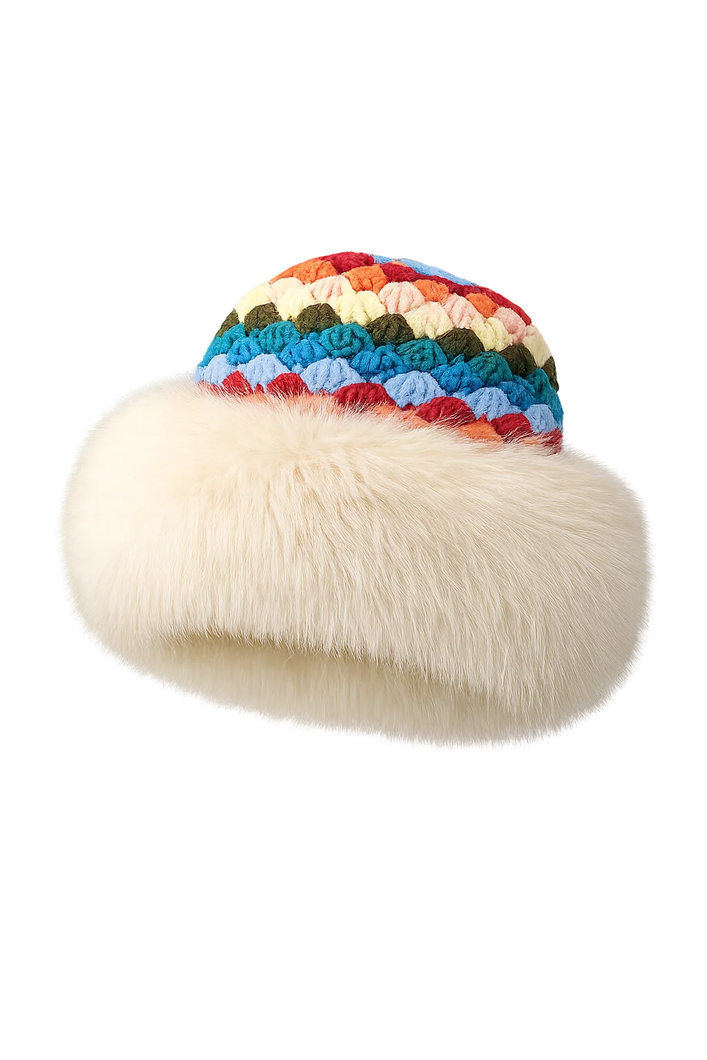 Ivory fox-fur-trim crochet bucket hat on a black background