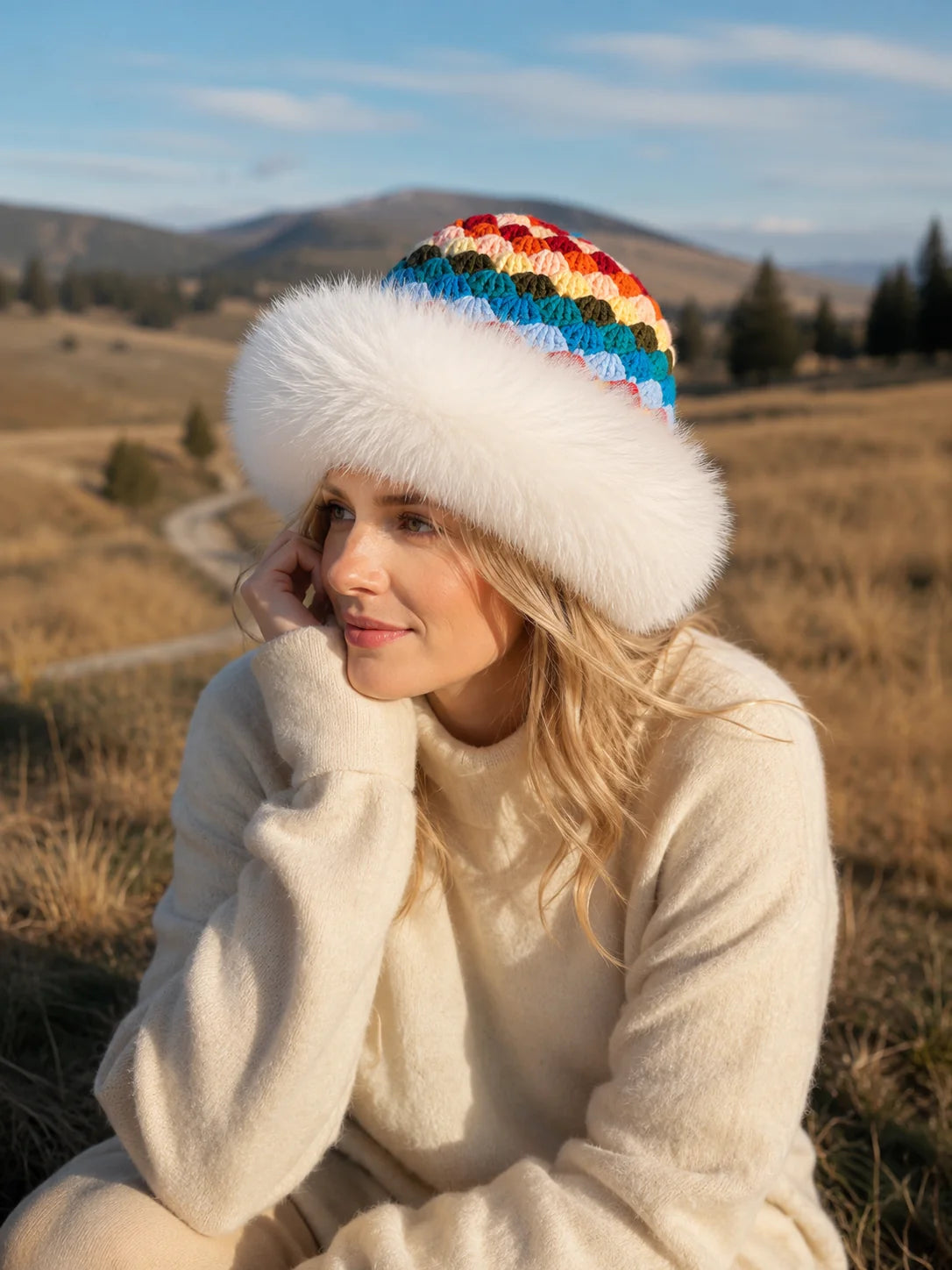Woman wearing a white fox-fur-trim crochet bucket hat in a mountain landscape