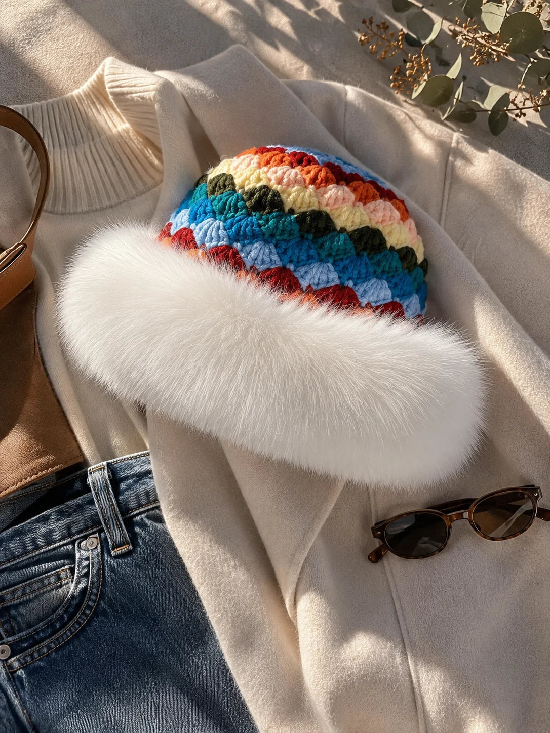 White fox-fur-trim crochet bucket hat arranged with cream knitwear and denim