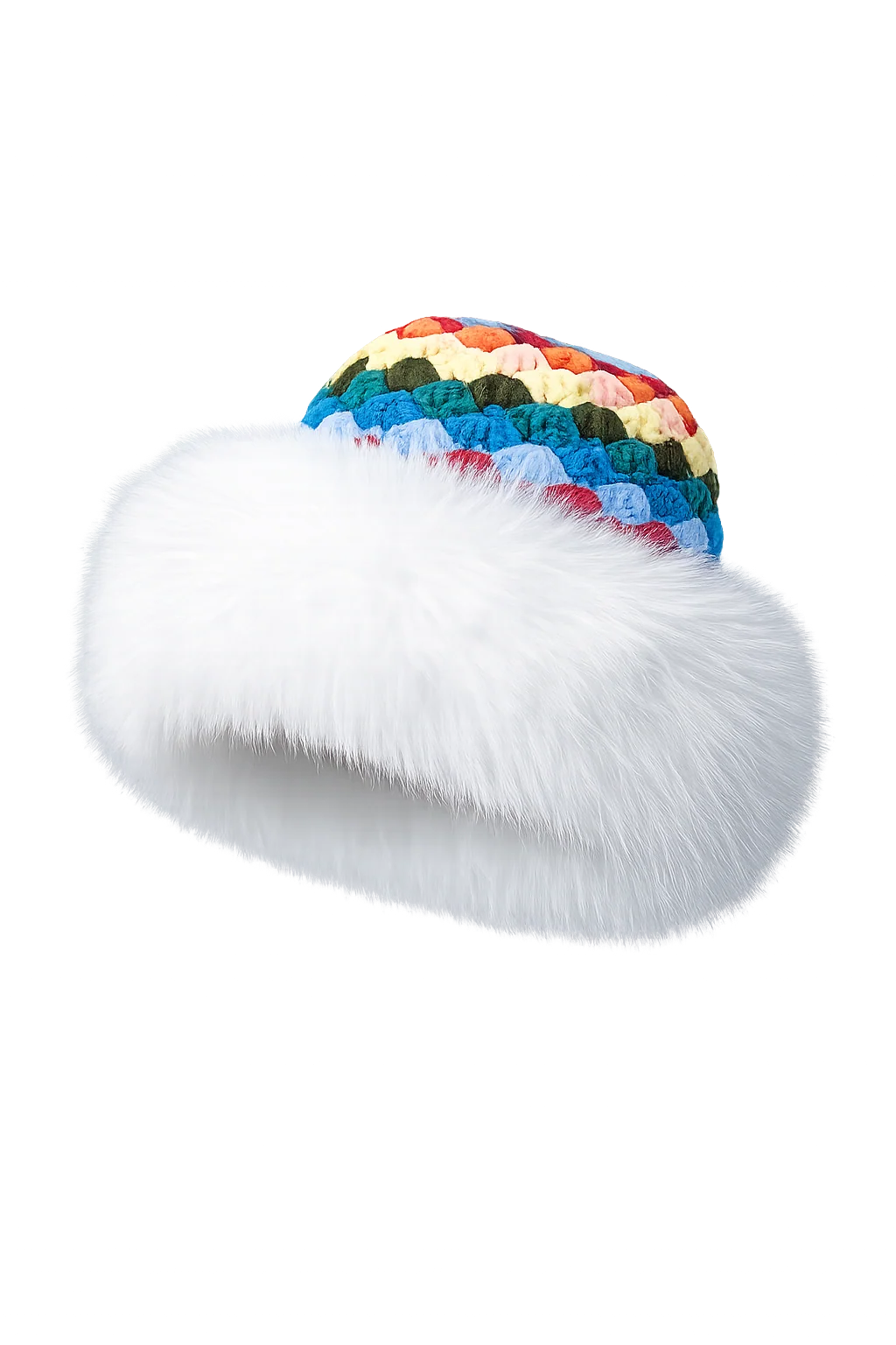 White fox-fur-trim crochet bucket hat on a black background