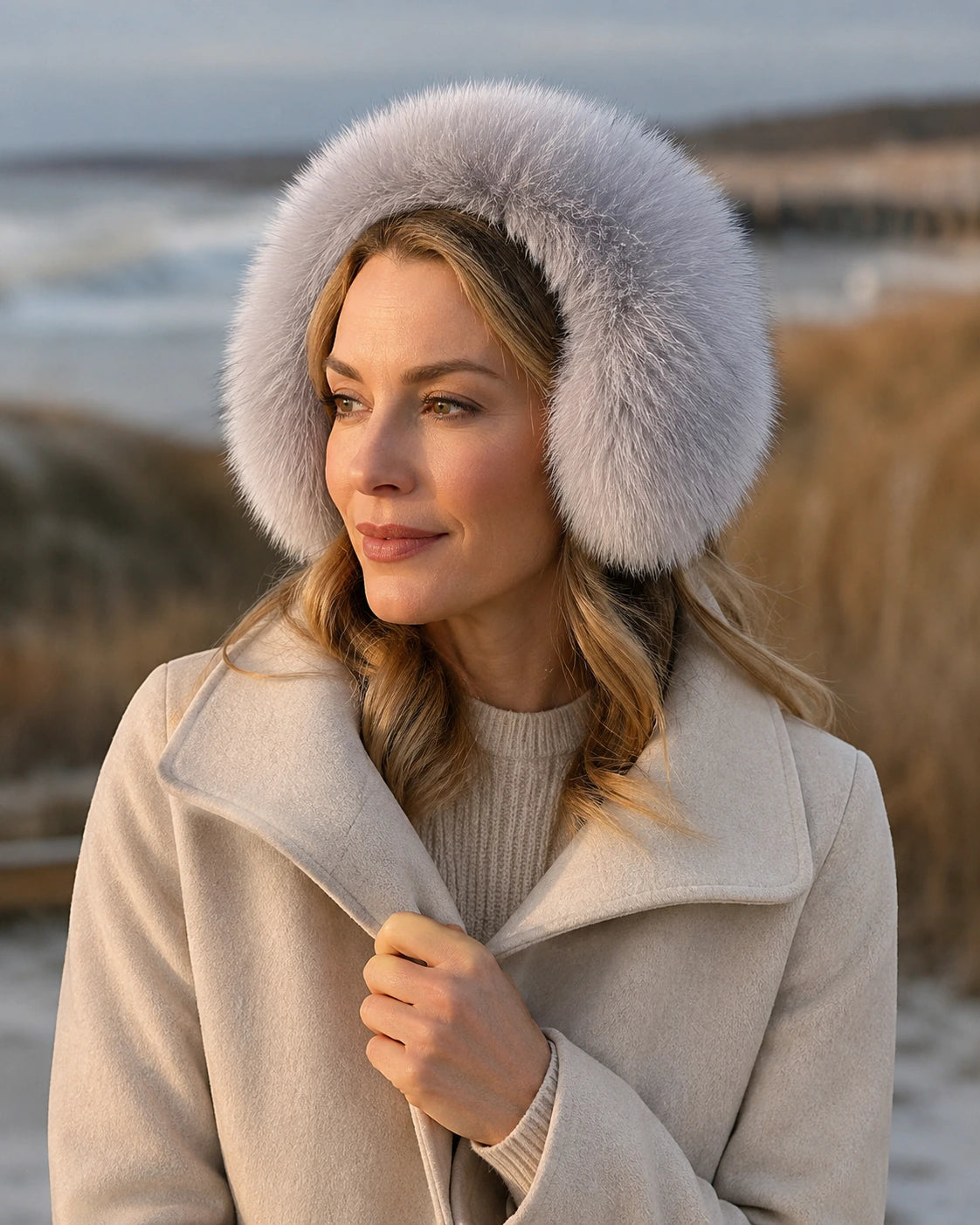 Silver gray genuine fox fur earmuffs worn with a tailored coat on a cold coastal walk
