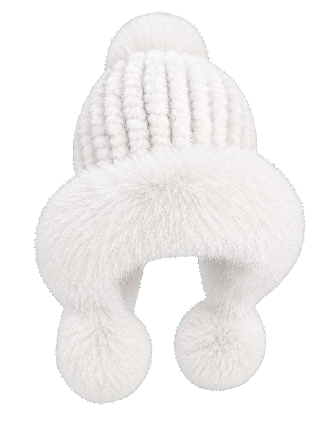 Arctic White genuine mink and fox fur knitted earflap hat on transparent background