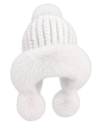 Arctic White genuine mink and fox fur knitted earflap hat on transparent background
