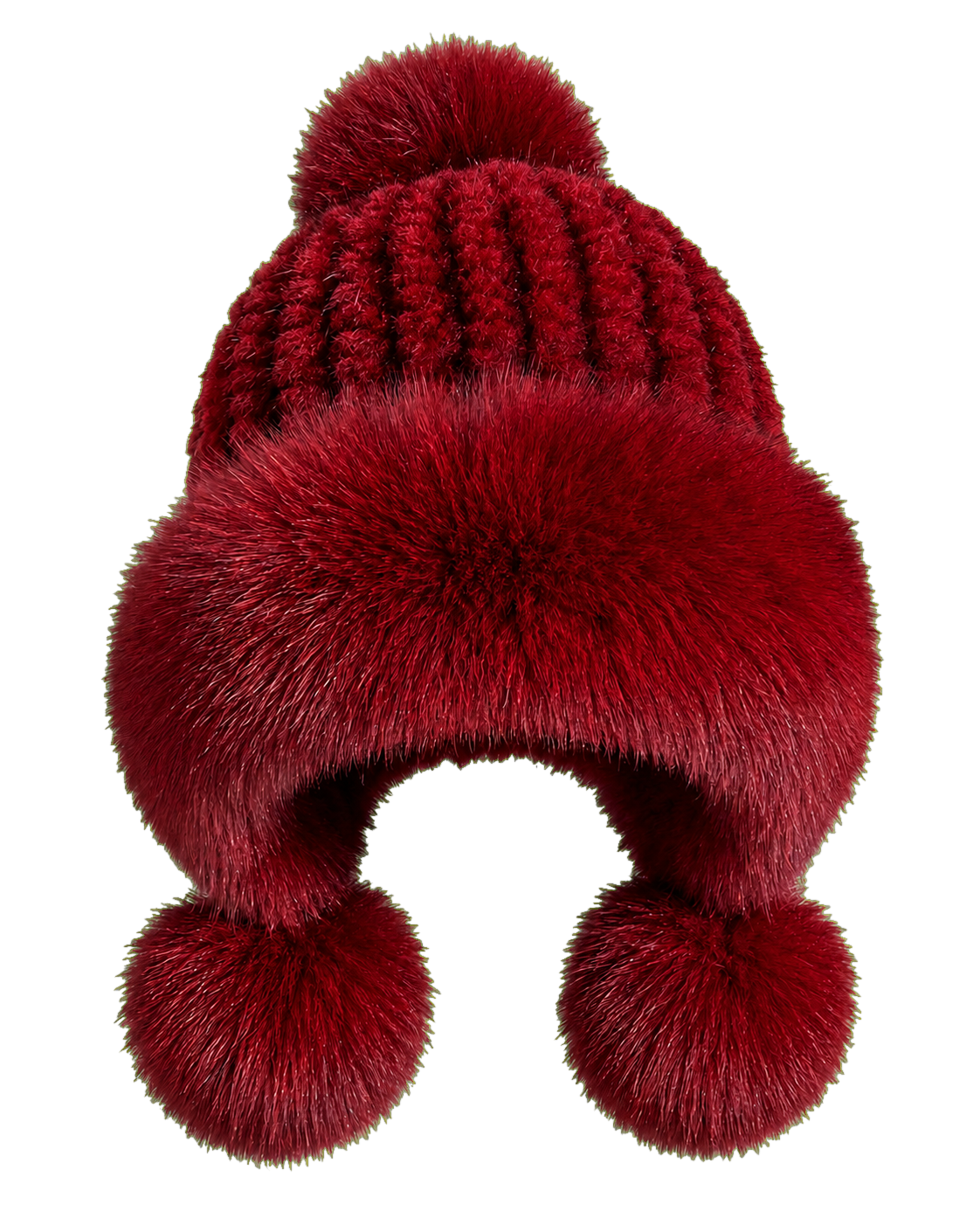 Burgundy genuine mink and fox fur knitted earflap hat on transparent background