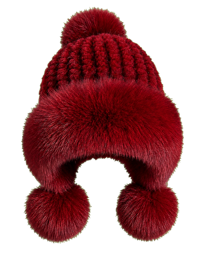Burgundy genuine mink and fox fur knitted earflap hat on transparent background