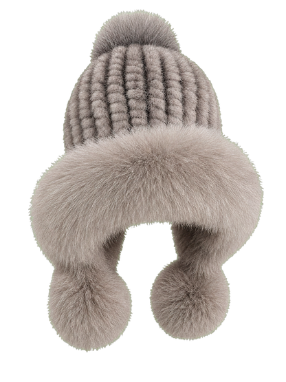 Cross Mink genuine mink and fox fur knitted earflap hat on transparent background