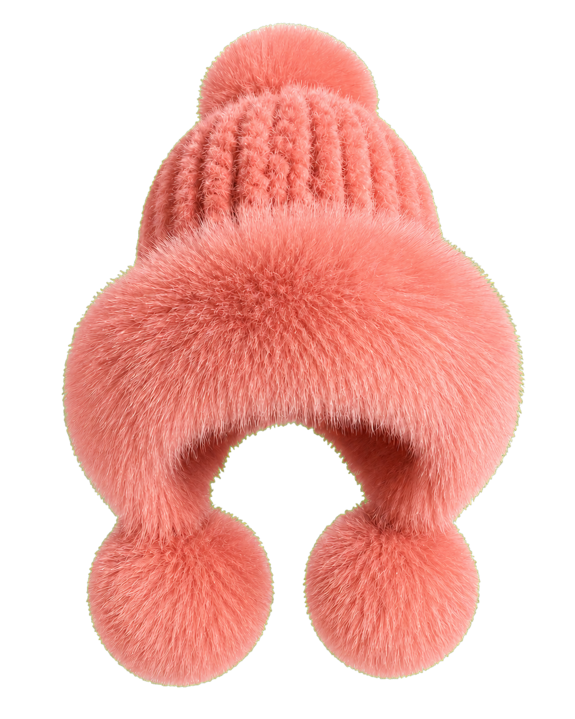 Dusty Rose genuine mink and fox fur knitted earflap hat on transparent background