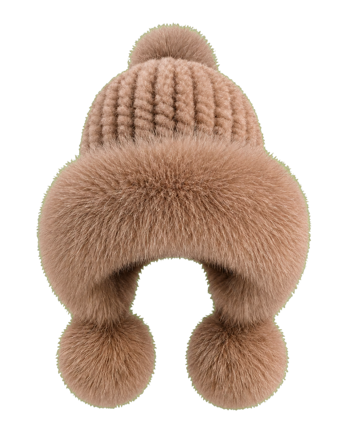 Light Taupe genuine mink and fox fur knitted earflap hat on transparent background