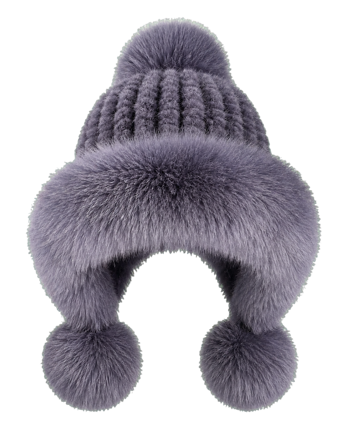 Midnight Navy genuine mink and fox fur knitted earflap hat on transparent background