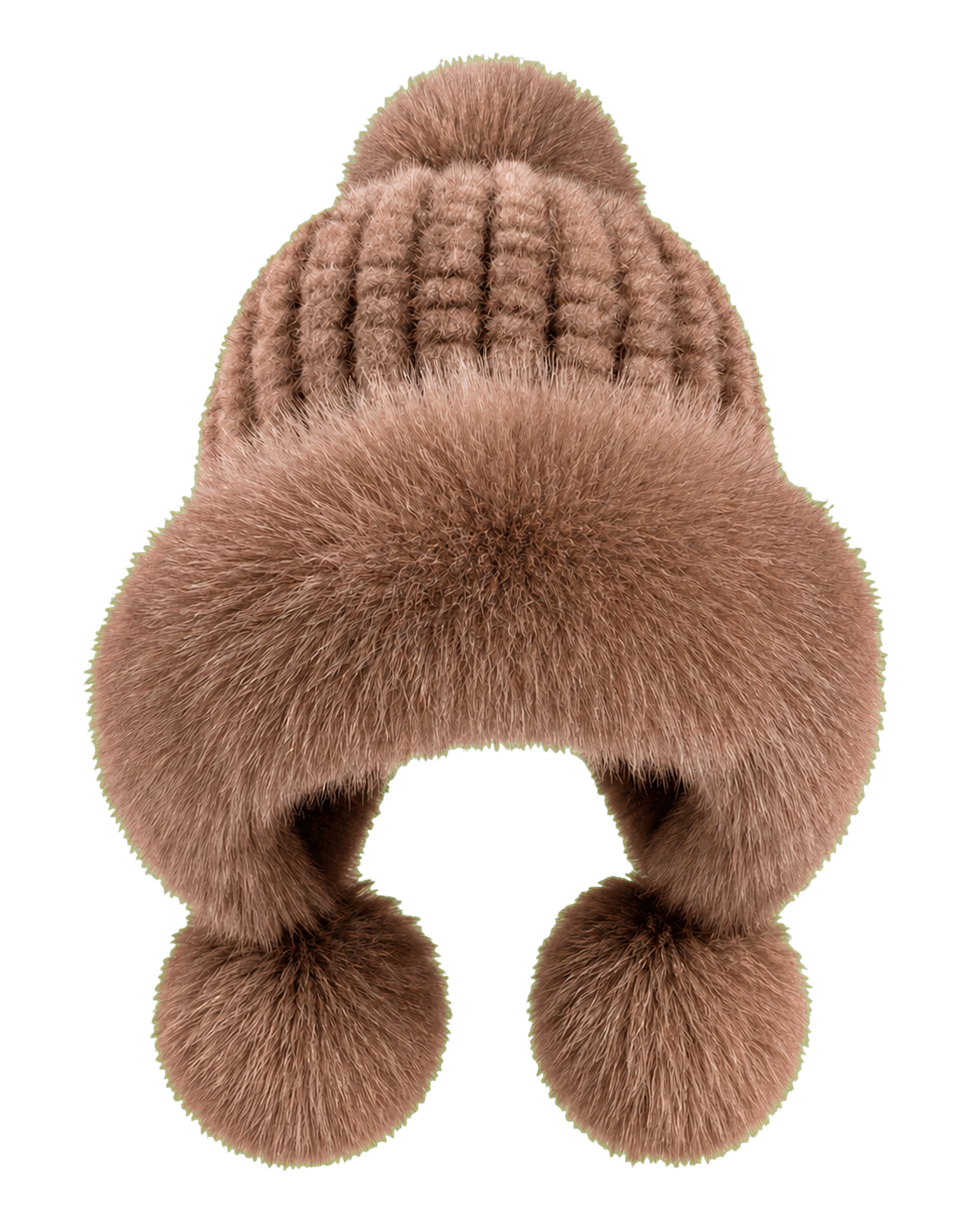 Mocha Brown genuine mink and fox fur knitted earflap hat on transparent background