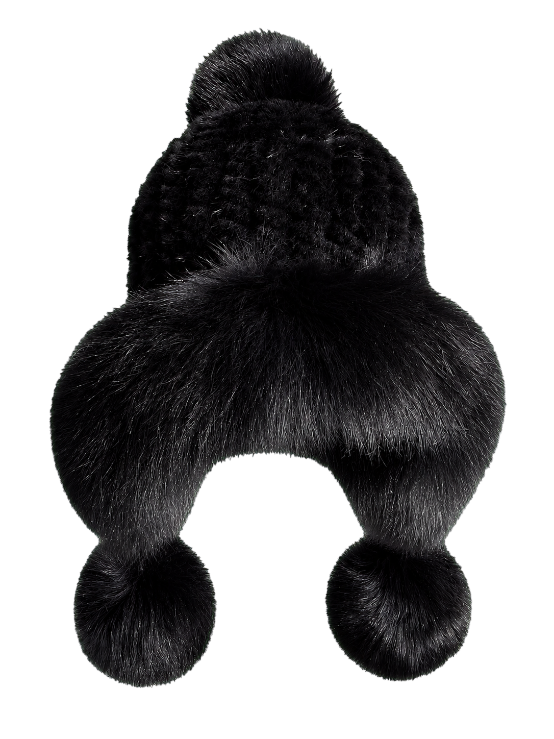 Natural Black genuine mink and fox fur knitted earflap hat on transparent background